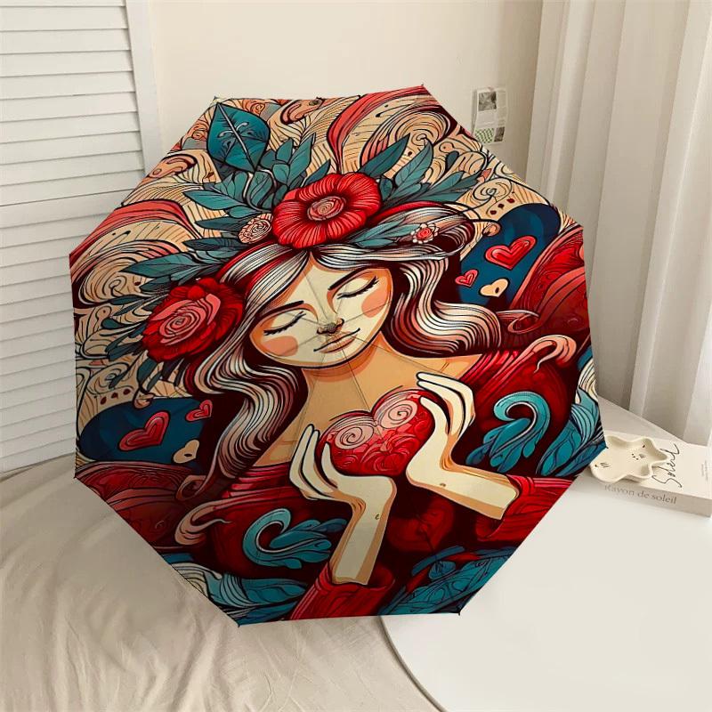 1pc Heart Love Automatic Open/Close Umbrella Compact Folding Umbrella with 8-Rib Shaft for Women/Men, Elegant Birthday1227S