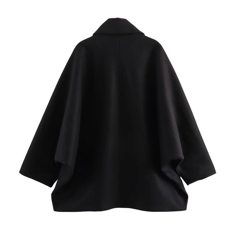 Womens French Chic Wool Blend Coat Loose Fit Turn-Down Collar Short Cape Sleeve Outerwear