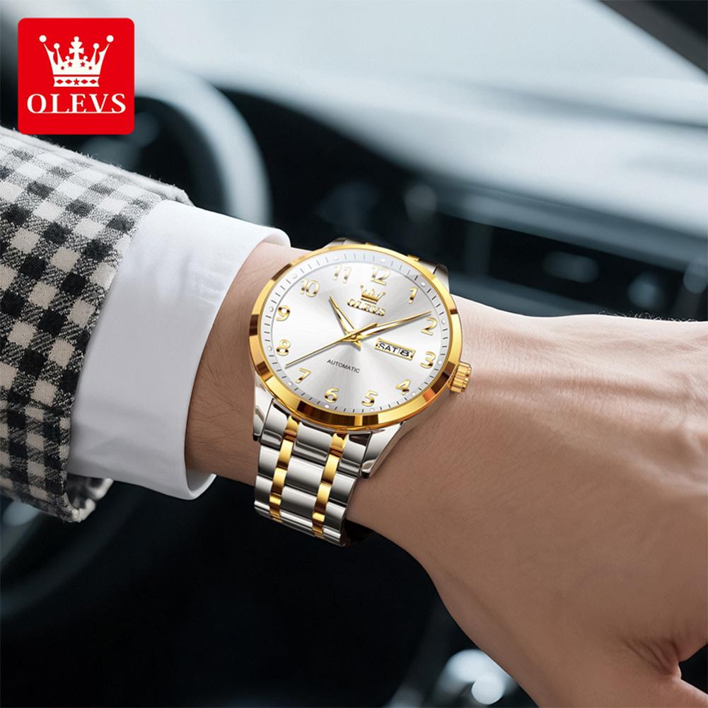 OLEVS 7078 Original Automatic Man Watch Digital Dial Stainless Steel Dual Calendar Waterproof Luminous Mechanical Men's Watches