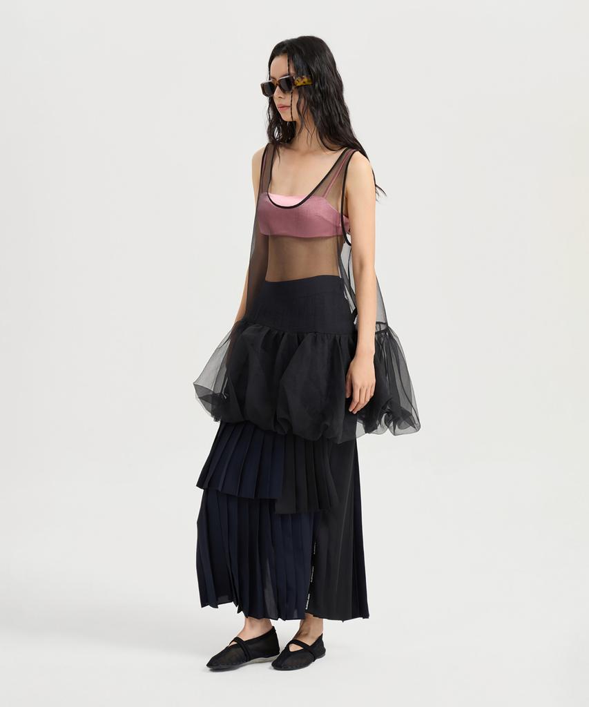 LUCKY CHOUETTE Color Mix Pleats Back Banding Long Skirt (Dark Navy) Lfkaa25130Nyd