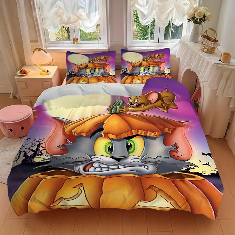 3pcs Halloween Spooktacular Tom and Jerry Printed Duvet Cover Set (1 * Cover+2 * Pillowcase, Without Core), Suitable for Home Bedroom, Guest Room