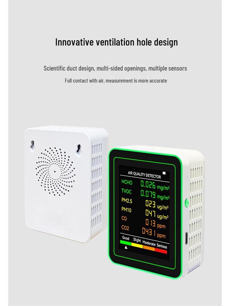 6-in-1 Air Quality Monitor: Formaldehyde, PM2.5, CO2, and TVOC Detection