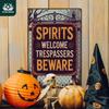 1pc Putuo Decor Vintage Halloween Metal Tin Sign - Spooky Gothic "Spirits Welcome Trespassers Beware" Wall Decor with Dark Backg