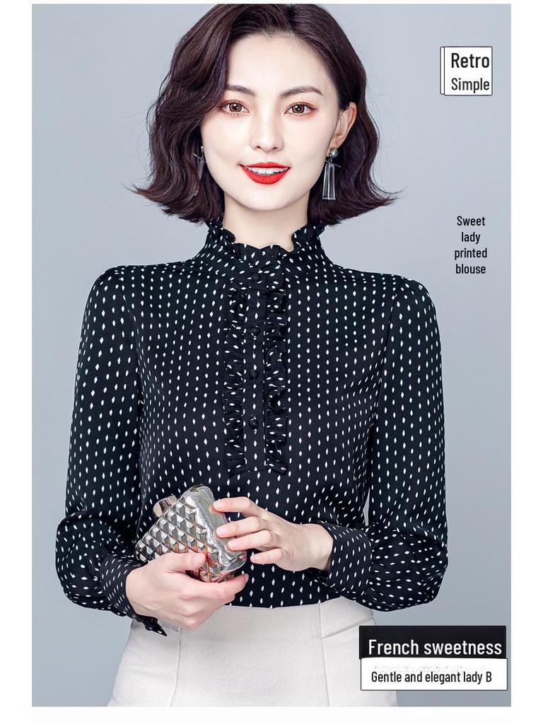 Trendy Women's Slim Long Sleeve Stand Collar Chiffon Shirt - Versatile Casual Wear for Spring & Autumn 2024