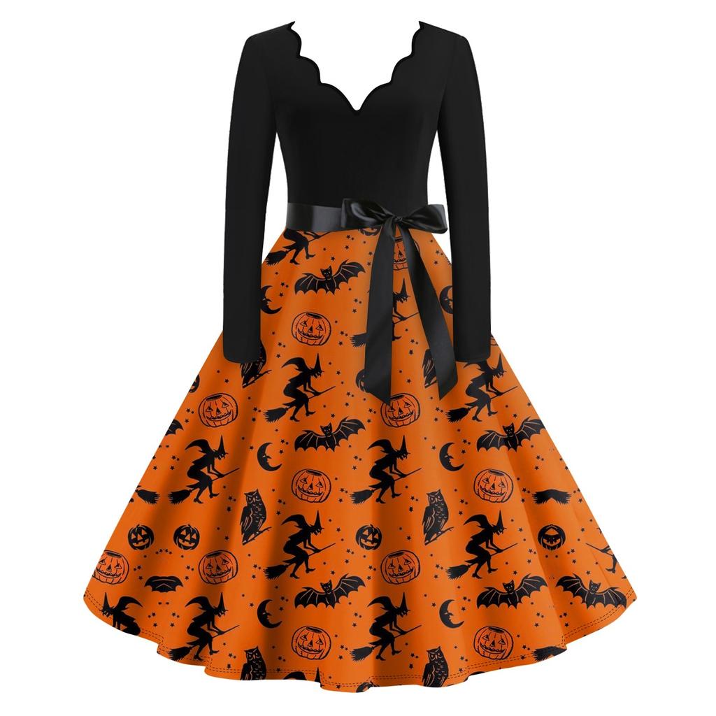 Расклешенное платье с принтом Хэллоуина для женщин Платье с длинным рукавом Повседневные платья