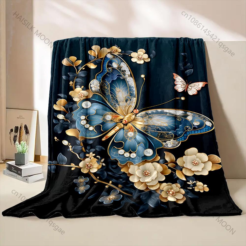 Blue butterfly with golden flowers Print Blanket Warm Soft Fluffy Kids and Adult Sofa Bed Throw Blanket for Home Travel Camping