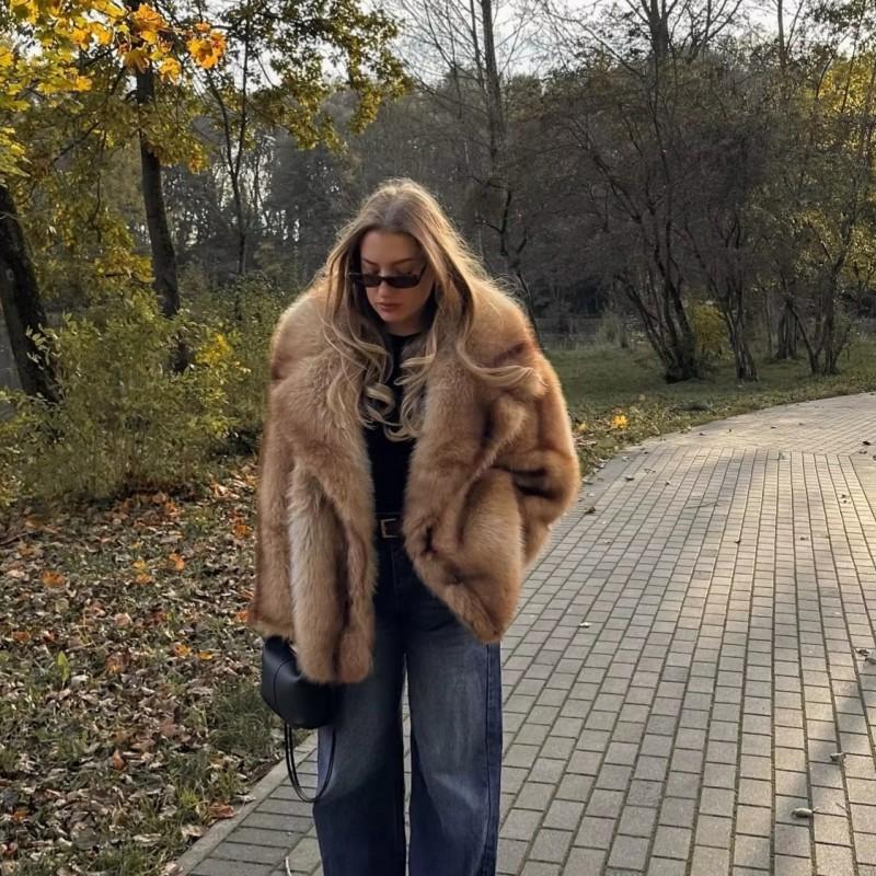 Womens Mid-Length Faux Fox Fur Coat Winter Warm Streetwear Outerwear No Hood