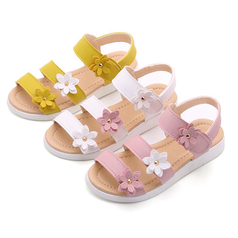 Летние пляжные сандалии на плоской подошве для девочек с ремешками и цветами, детская обувь для малышей