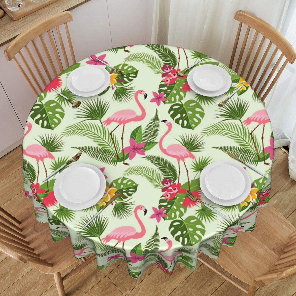 Flamingo Tropical Plants Flowers Tablecloth Round Oilproof Palm Leaves And Flowers Table Cloth Cover for Dining Room 70 inch