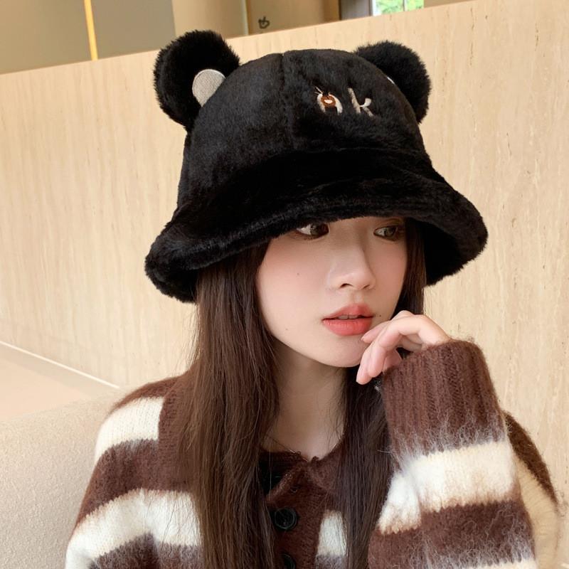 Ear Bear Ok Letter Embroidery Plush Fisherman Hat Bucket Cap Sun Protection