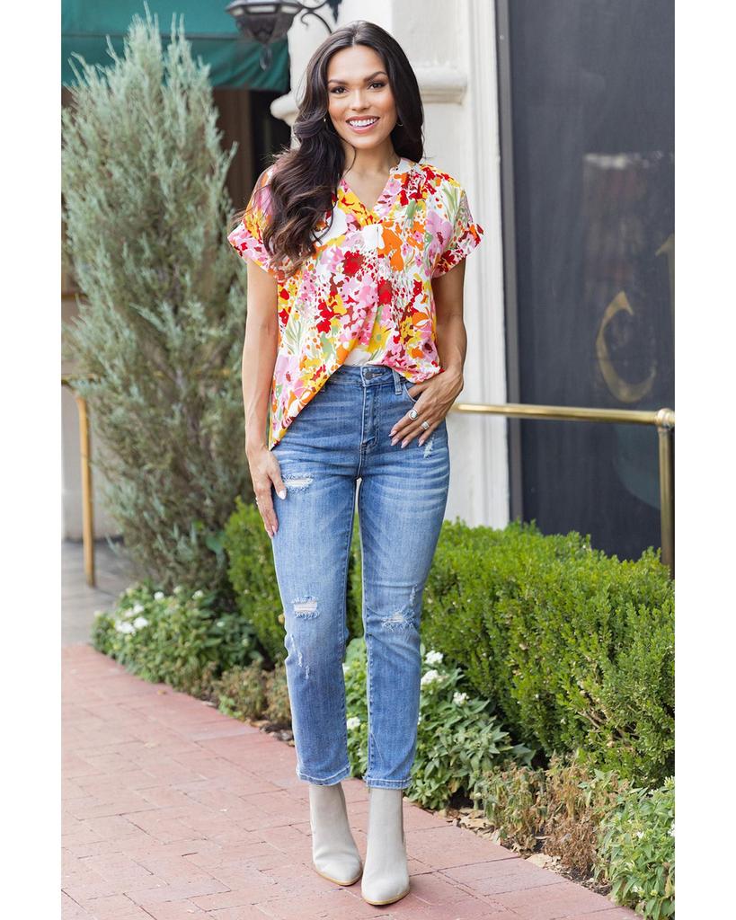 Azura Exchange Топ с V-образным вырезом и короткими рукавами с цветочным принтом