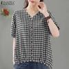 Женская повседневная блузка с коротким рукавом и v-образным вырезом в клетку с принтом