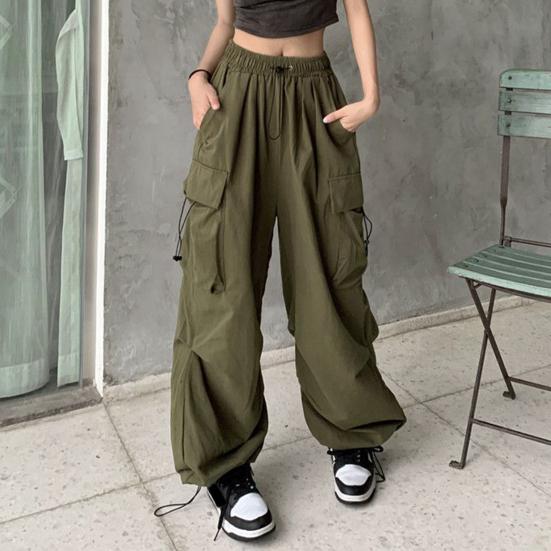 Women Cargo Pants Hip Hop Baggy Solid Color Multi Pockets Elastic Waist Match Top Loose Breathable Lady Trousers