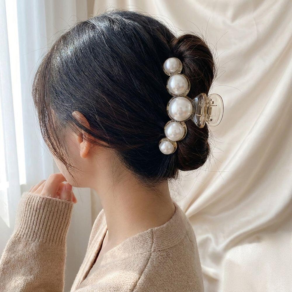 Big Size Pearl Hair Claw Pearl Decor Hairpin Elegant Shark Clip Daily Styling