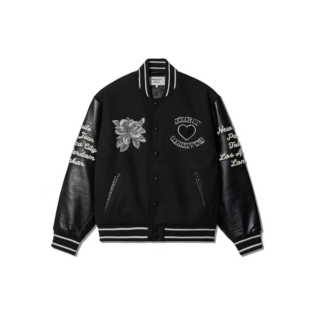 Carhartt WIP X Awake NY Collaboration Floral Embroidery Letter Print Design College Style Baseball Jacket Unisex Jacket Black I031336-1NB-XX