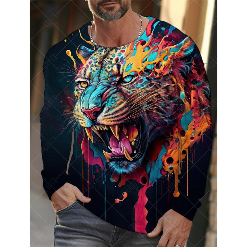 Винтажная мужская футболка с длинным рукавом, рубашки с 3d принтом, модная одежда с леопардовым рисунком, одежда с рукавами, топы с рукавами, мужская уличная одежда большого размера