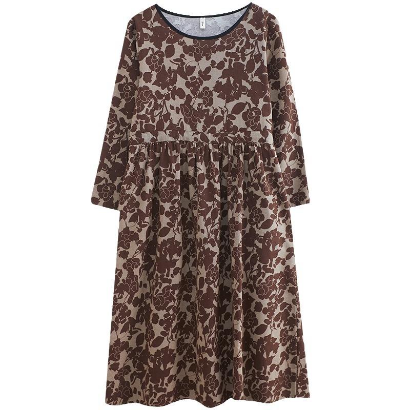 Платье с литературным и художественным принтом в стиле ретро 2025 года на осенней основе из хлопка и льна с длинной юбкой, свободная, с длинным рукавом, большая юбка-качеля для женщин