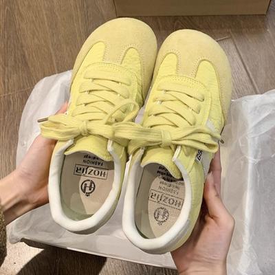 Желтые женские туфли, новые весенне-летние на плоской подошве, универсальные, маленькие белые спортивные и повседневные кеды