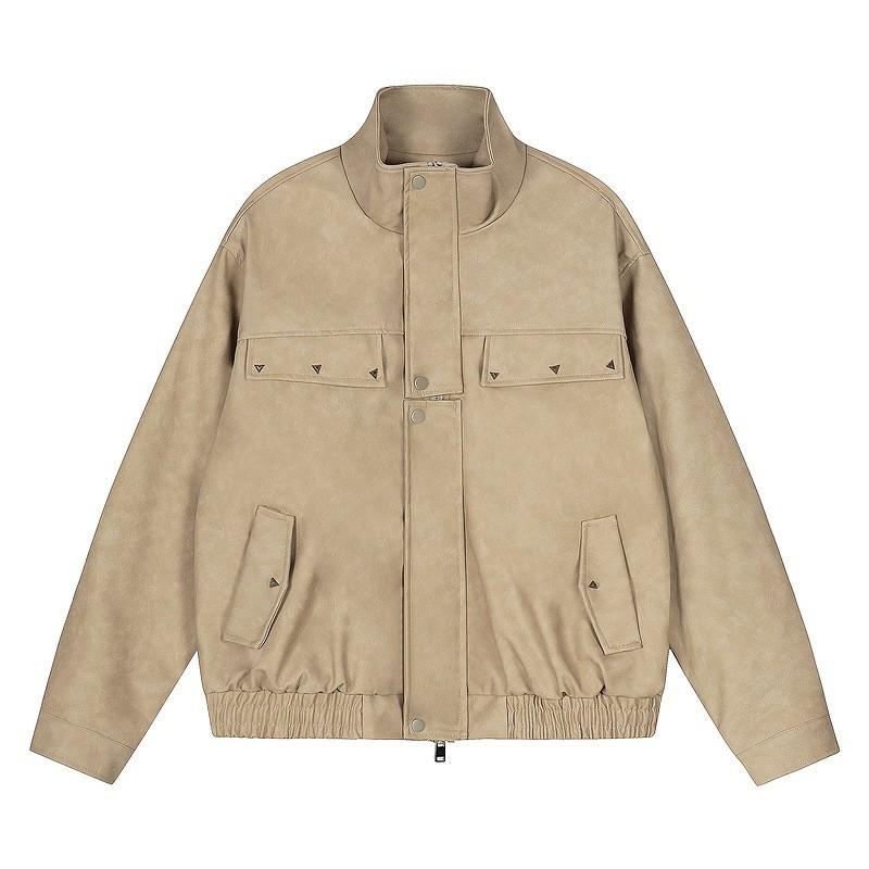 Unisex Oversized PU Leather Jacket With Stand Collar Casual Lightweight Outerwear Fall