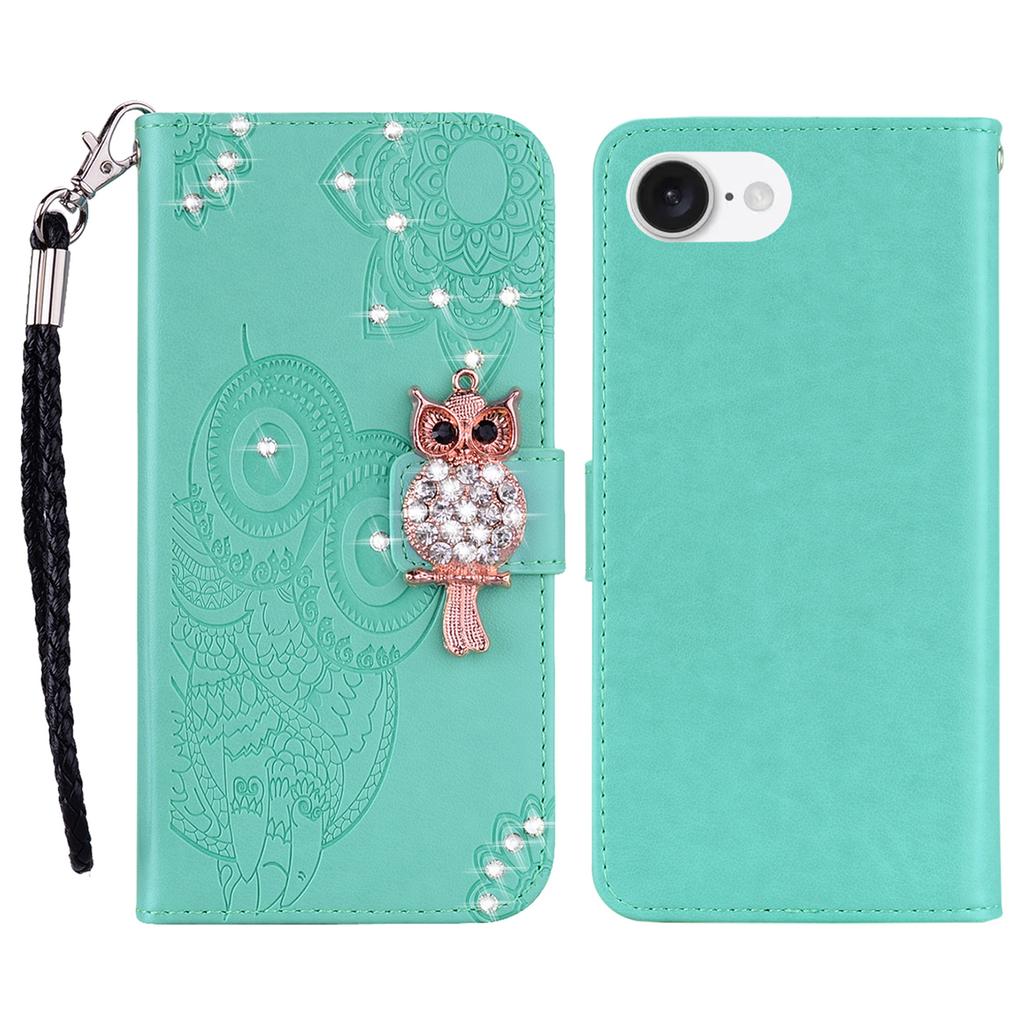 For iPhone 16e Wallet Case Owl Flower Imprinted Rhinestone Leather Cover