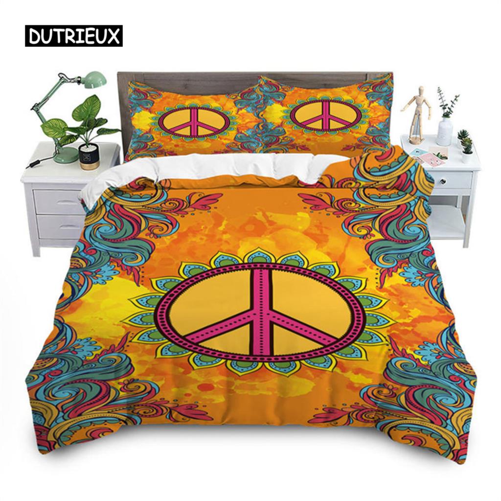 Пододеяльник с символом мира, великолепный комплект постельного белья Camper Van Peace Sign, микрофибра, мандала, одеяло, покрывало, украшение для спальни размера King Size