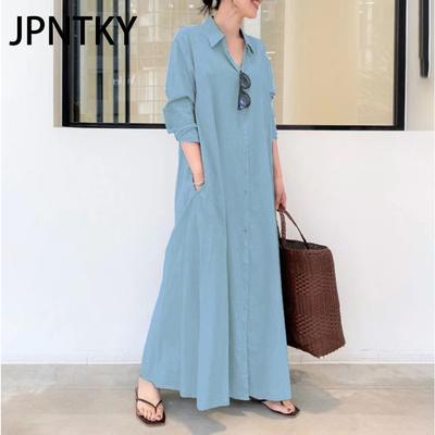 JPNTKY Женская мода осень-зима однотонные повседневные платья с длинным рукавом и воротником-поло