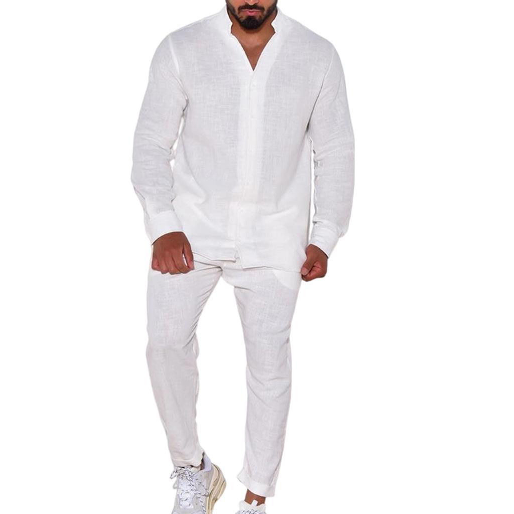 Мужской  Повседневный  Модный  Льняной  С  Длинными  Рукавами  Рабочая одежда  Брюки  Комплект из двух предметов