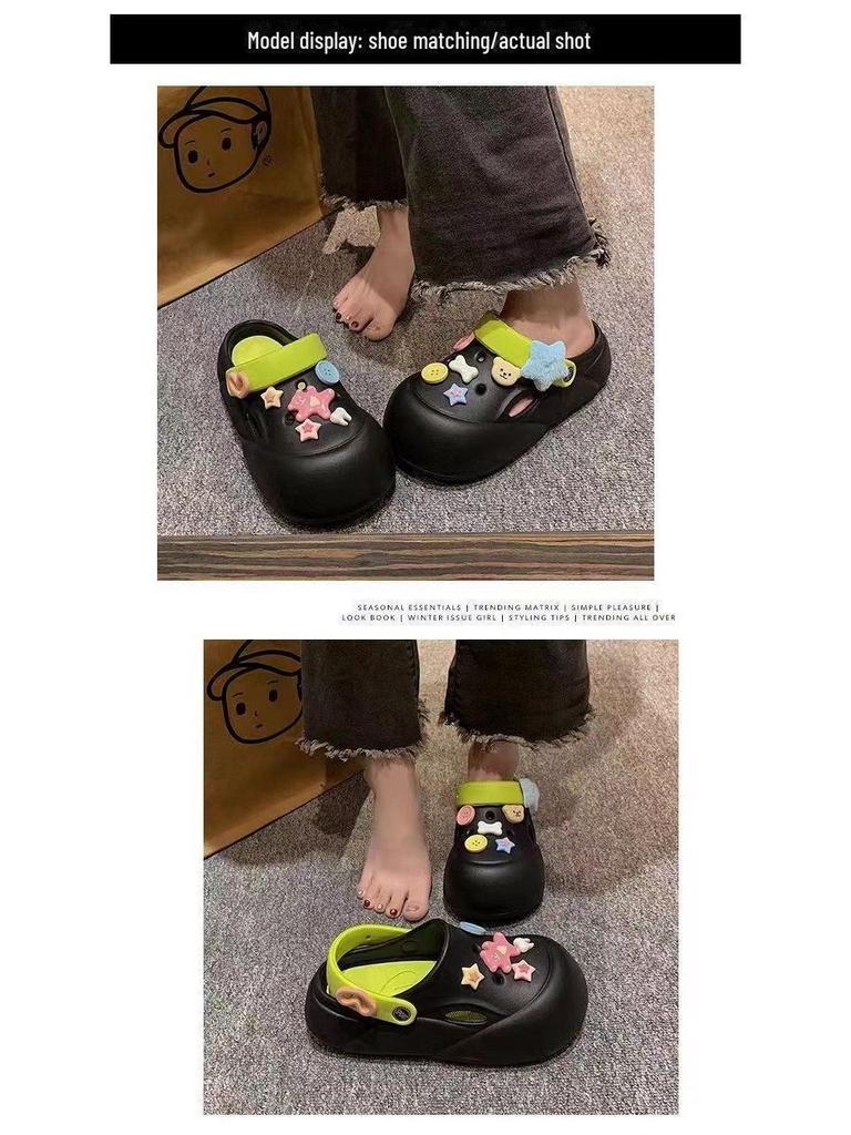 Лето 2023 г. Женские милые тапочки с мультяшным принтом: Сандалии Baotou для улицы и дома