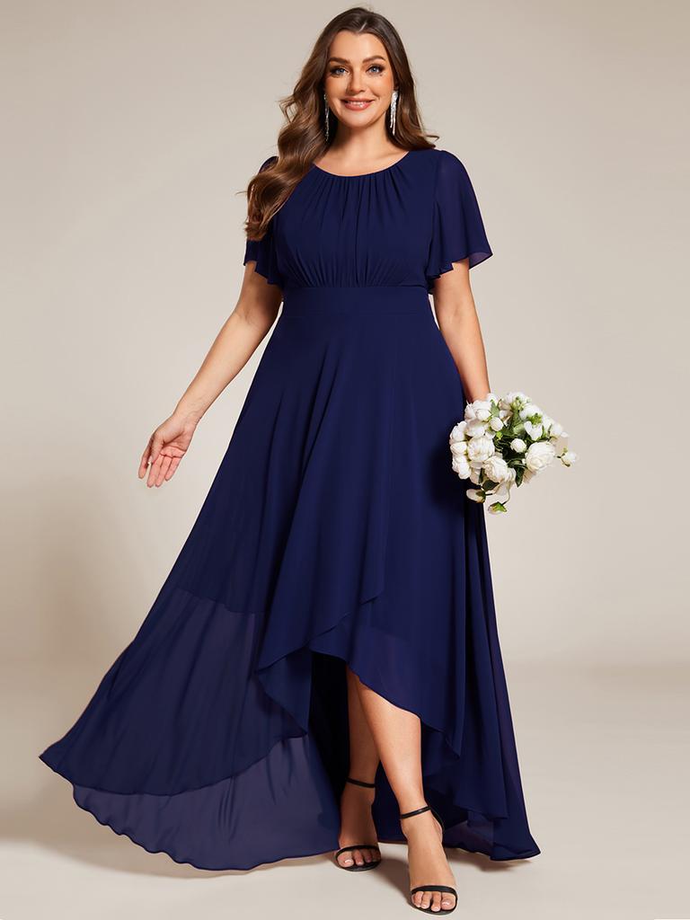 Ever-Pretty Women's Elegant Round Neck Ruffles Sleeve Chiffon Plus Size Evening Dresses with Asymmetrical Hem