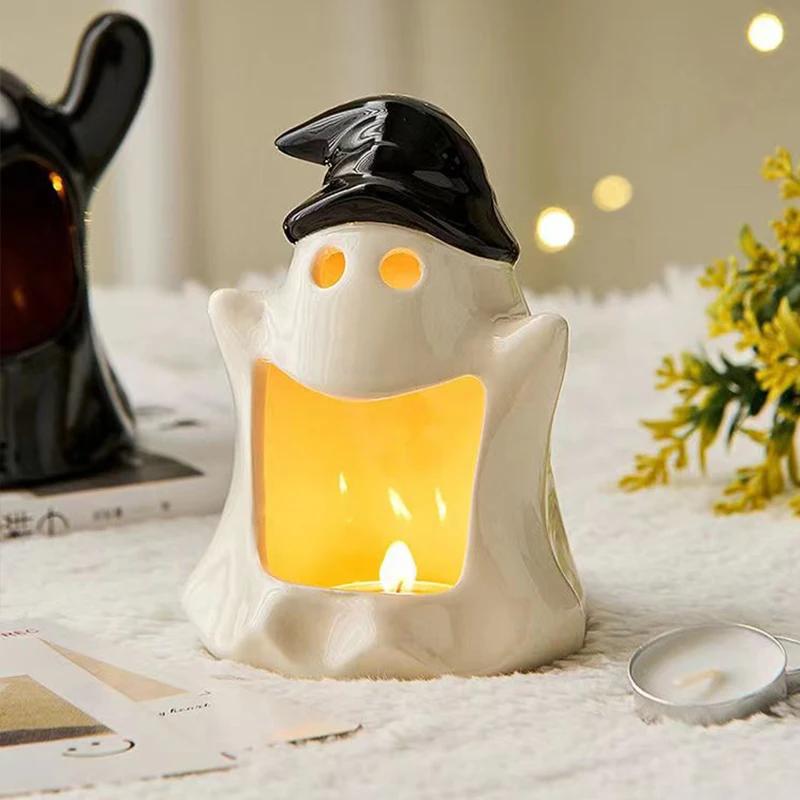 Ceramic Halloween Ghost Candle Holder Cute Rabbit Figurine Scented Candle Holder Home Table Candlestick Decorative Ornaments
