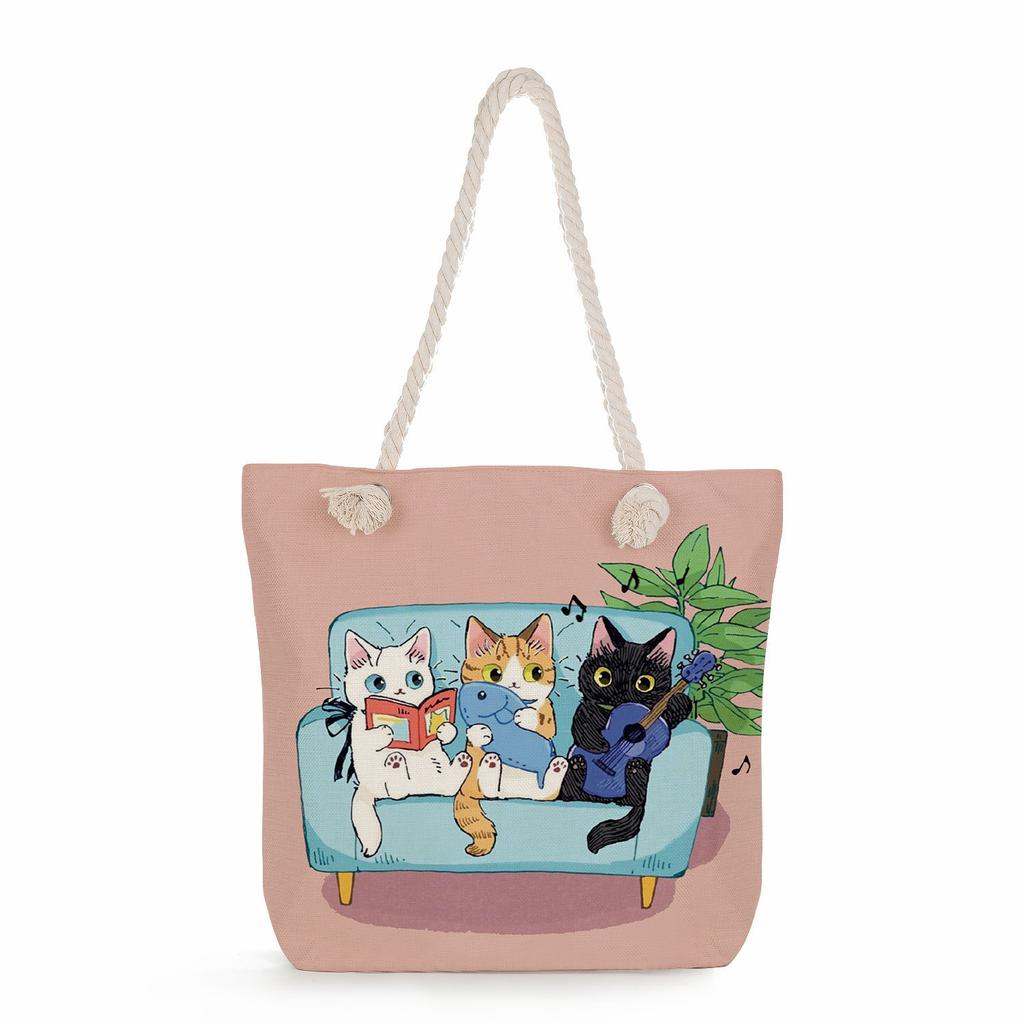 Cat print thick rope single-shoulder beach bag 7215 KTB