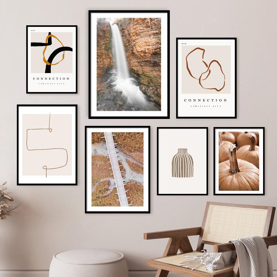 Камышовые растения Пляжный Бохо Абстрактные линии Тыква Постеры и Принты Бежевое настенное искусство Холст Картина для гостиной Домашнее украшение