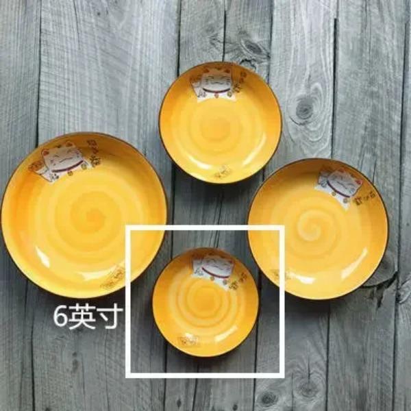 Мультяшная тарелка из керамики 'Счастливый кот' круглая, разных размеров, японская, креативная, разноцветная, кухонная, для дома, ручной работы, мультяшная обеденная тарелка