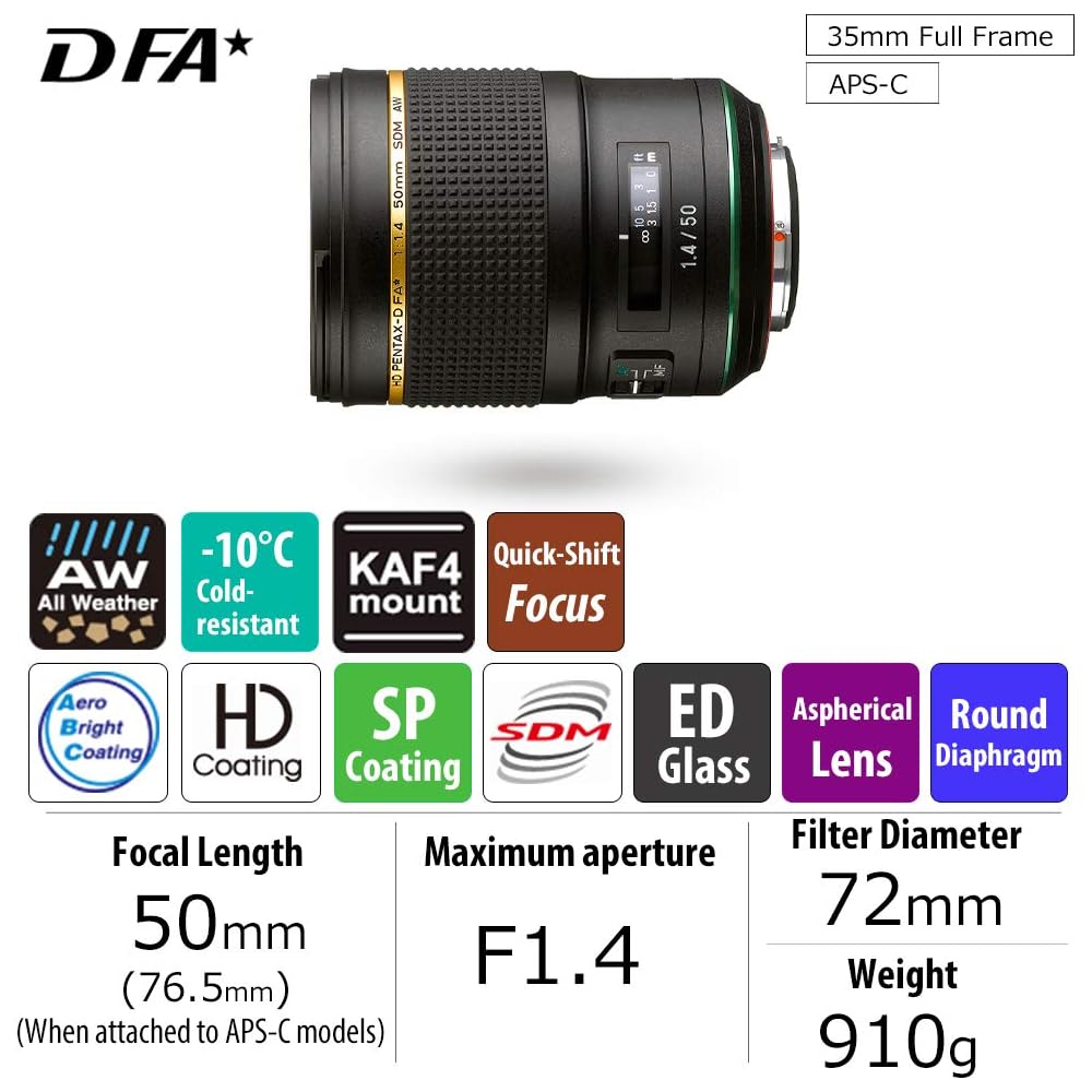 Pentax HD Pentax D FA 50mm 1.4 SDM AW Full Frame All-Weather Camera Lens, Black