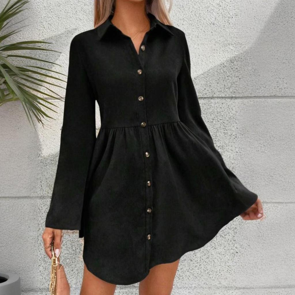 Women's Casual And Fashionable Long Sleeved Lapel Single Breasted Skirt Type Shirt Dress