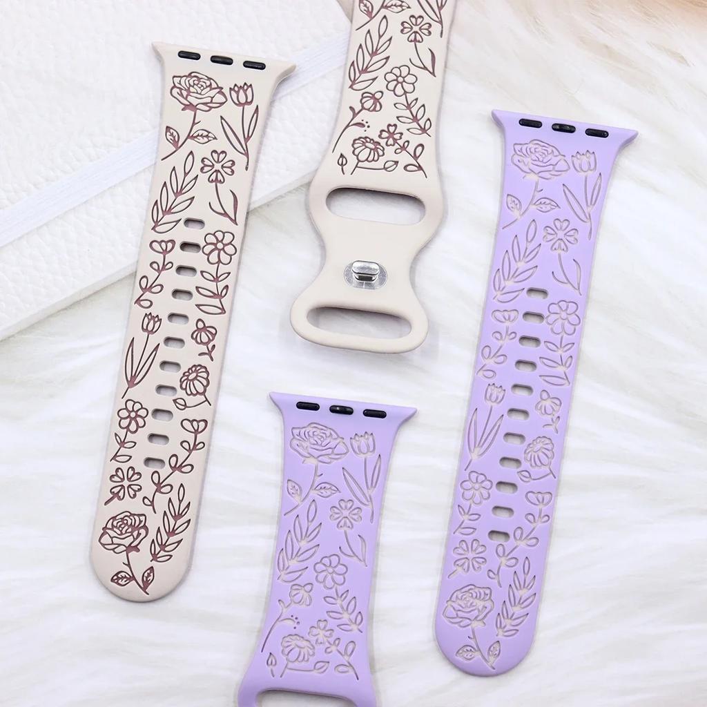 Ремешок с гравировкой и цветочным узором для Apple Watch Band Ultra 2 49/ 46/ 45/ 44/ 40/ 42 мм, браслет IWatch Series 10 9 8 7 6 SE 5 4