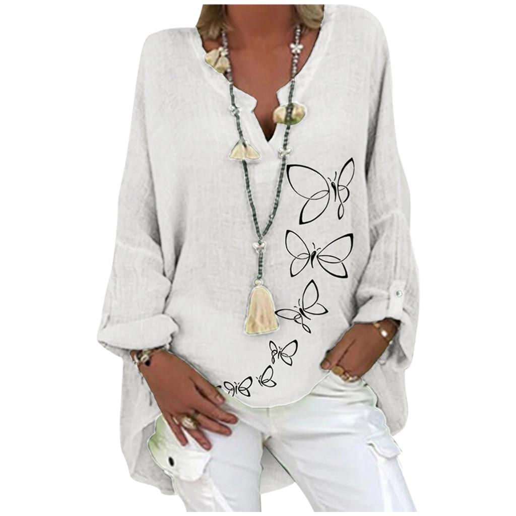 Plus Size Women Casual Long Sleeve Floral Print Loose V-neck Shirt Blouse Top