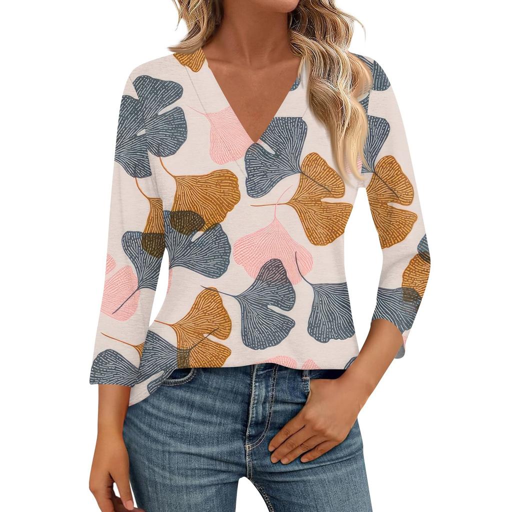 Женские рубашки с рукавом 3/4, топы с принтом и V-образным вырезом, повседневные топы, базовые футболки, блузки, свободные топы