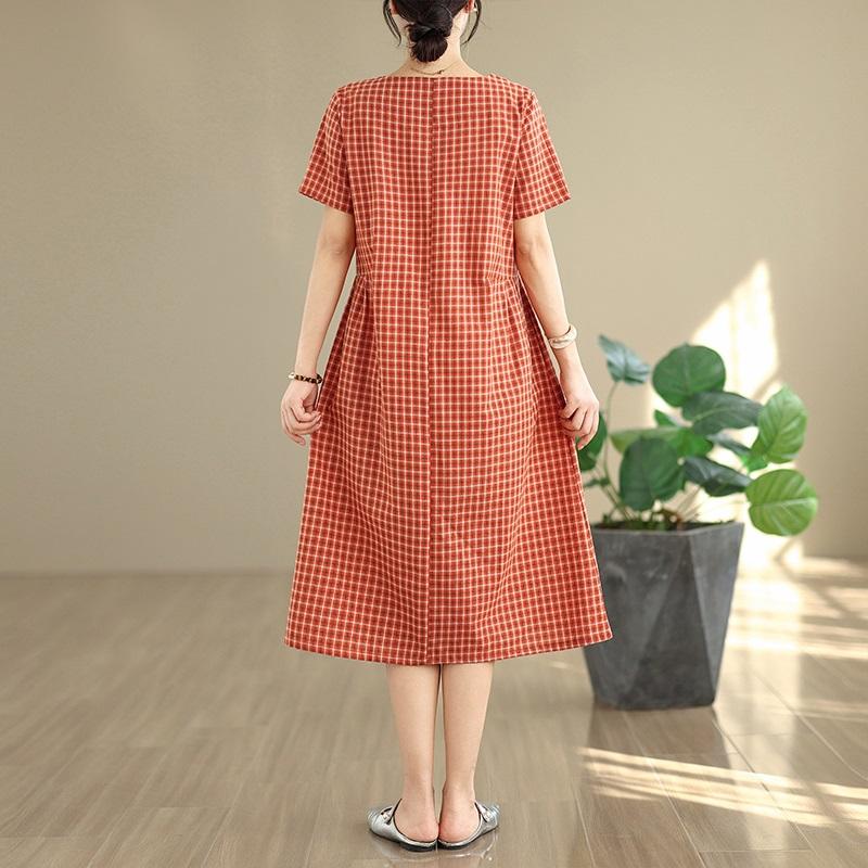Короткий рукав Плюс размер хлопок лен винтажная клетка новые платья для женщин повседневное свободное длинное летнее платье