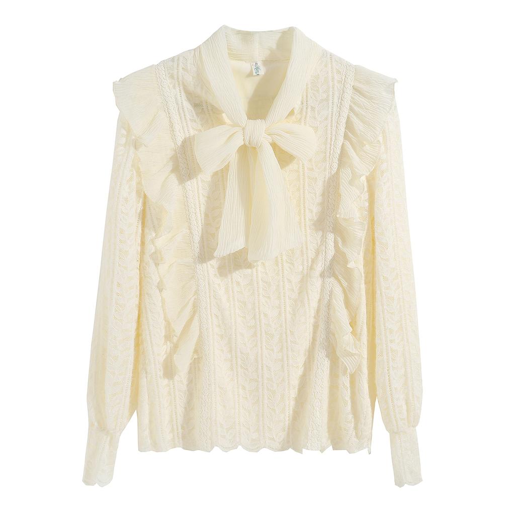 Осень-зима, мода, новинка 2024 года, длинный рукав, бант, воротник, оборки, бархатная кружевная блузка, рубашка, женские топы, блузки, рубашки J757