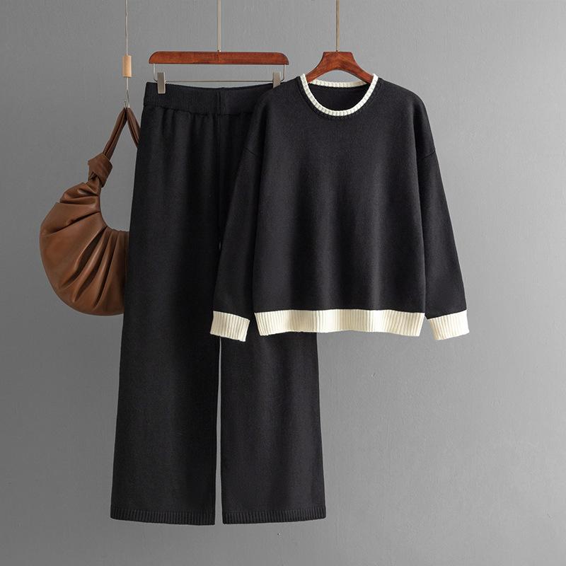 GMXIA Autumn and Winter Style Contrasting Color Round-neck Knitted Sweater Slimming Wide-leg Pants Two-piece Set for Women