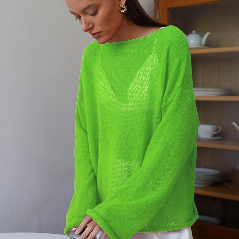 Fashion Hollow Loose Knitted Pullovers T-shirt Women Tops Spring Round Neck Flare Sleeve Women T Shirts Casual Autumn Thin Perspective Sexy Tee 25946