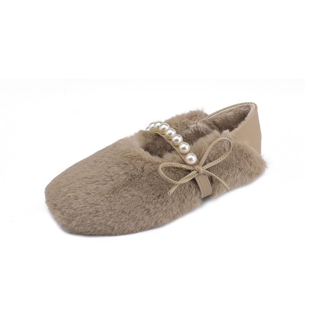 Зимние новые плюшевые туфли Мэри Джейн, женские модные универсальные термотуфли с жемчугом, задняя плюшевая повседневная плоская хлопковая обувь