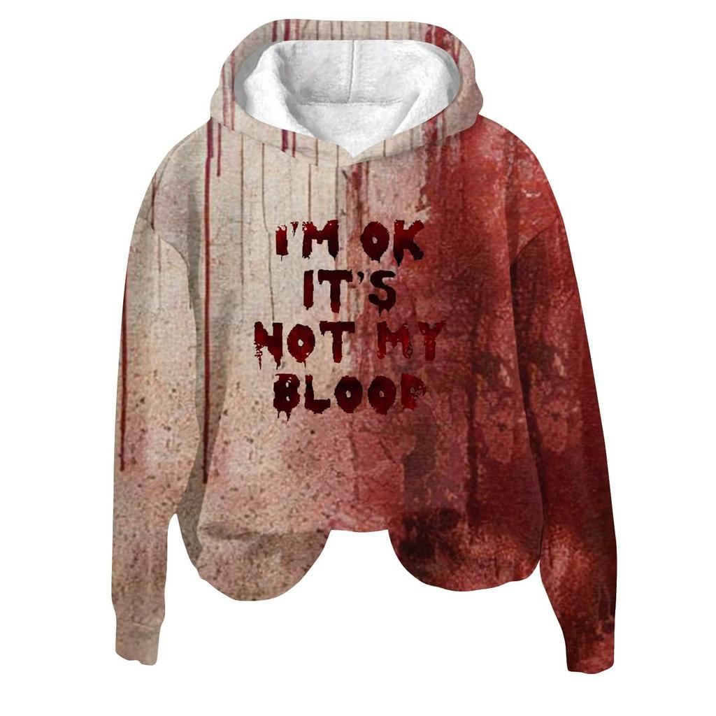 Women's 3D Bloody Letters Printed Long Sleeved Loose Hooded Sweatshirt New Halloween Ladies Casual Long Sleeved Pullover
