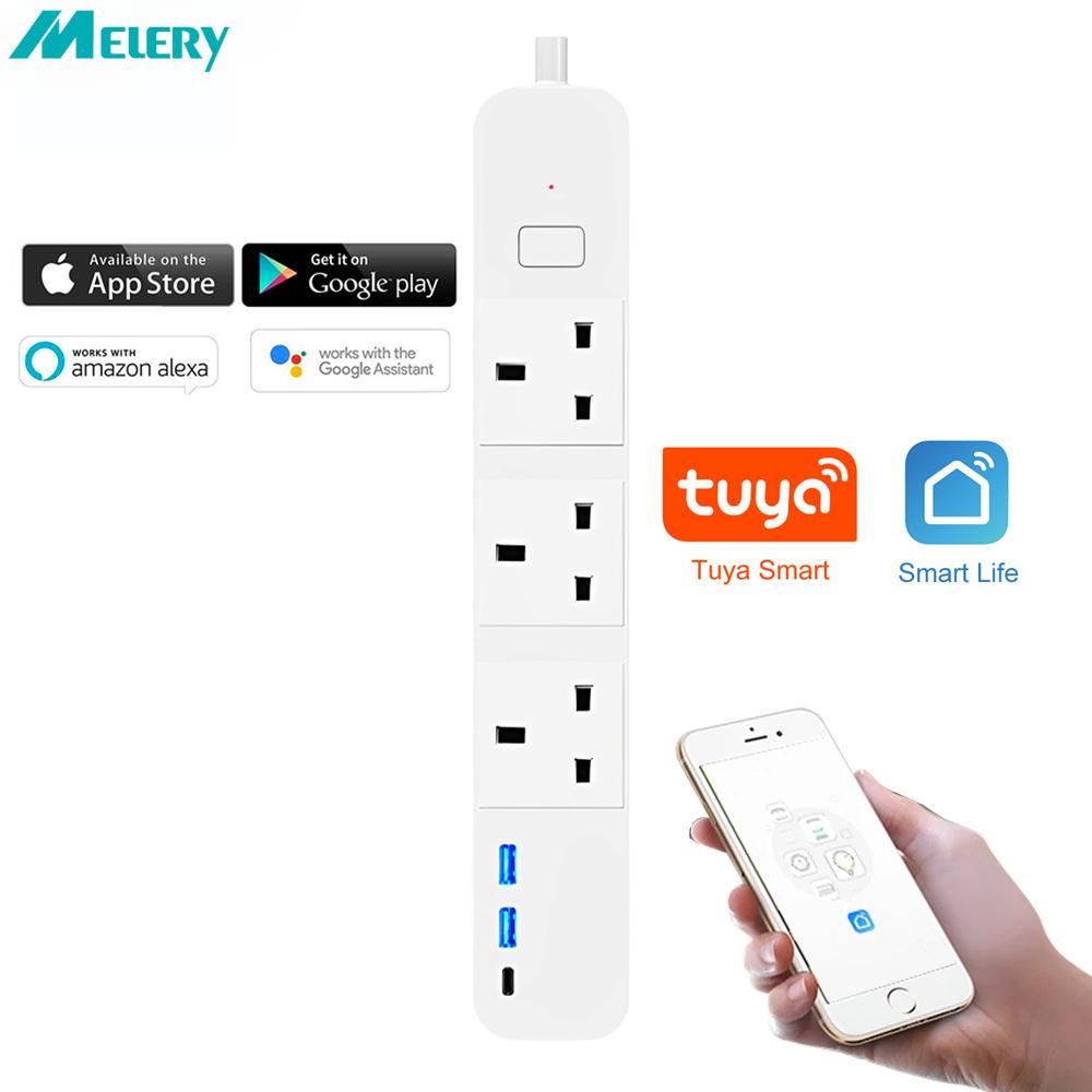 UK Tuya WiFi Smart Power Strip Удлинитель Розетка Вилка 2 USB порта 1 Type-C Пульт дистанционного управления Работает с Google Home Alexa Dot Office