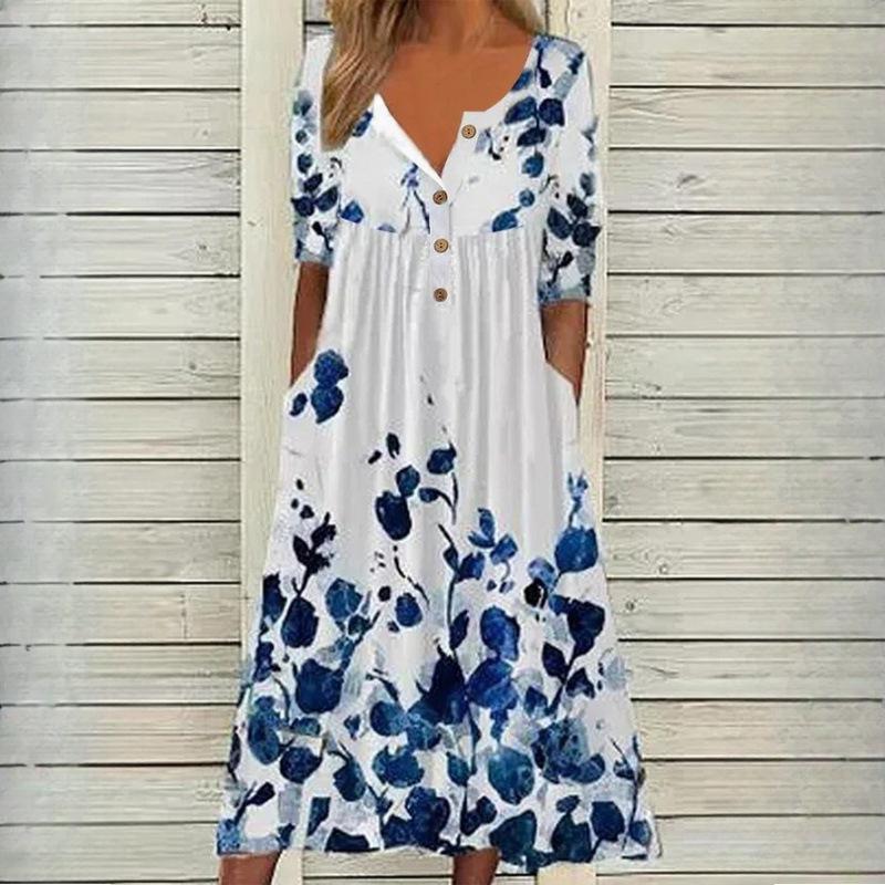 QICED Spring New Popular Printed O-neck Button Short-sleeved Dress Women's Pockets Long Dresses