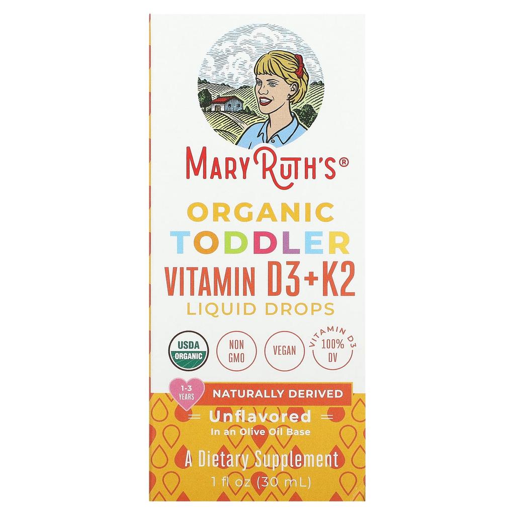 MaryRuth's, Органические капли с витамином D3 и K2 для младенцев, для детей от 1 до 3 лет, без вкусовых добавок, 1 жидкая унция (30 мл)