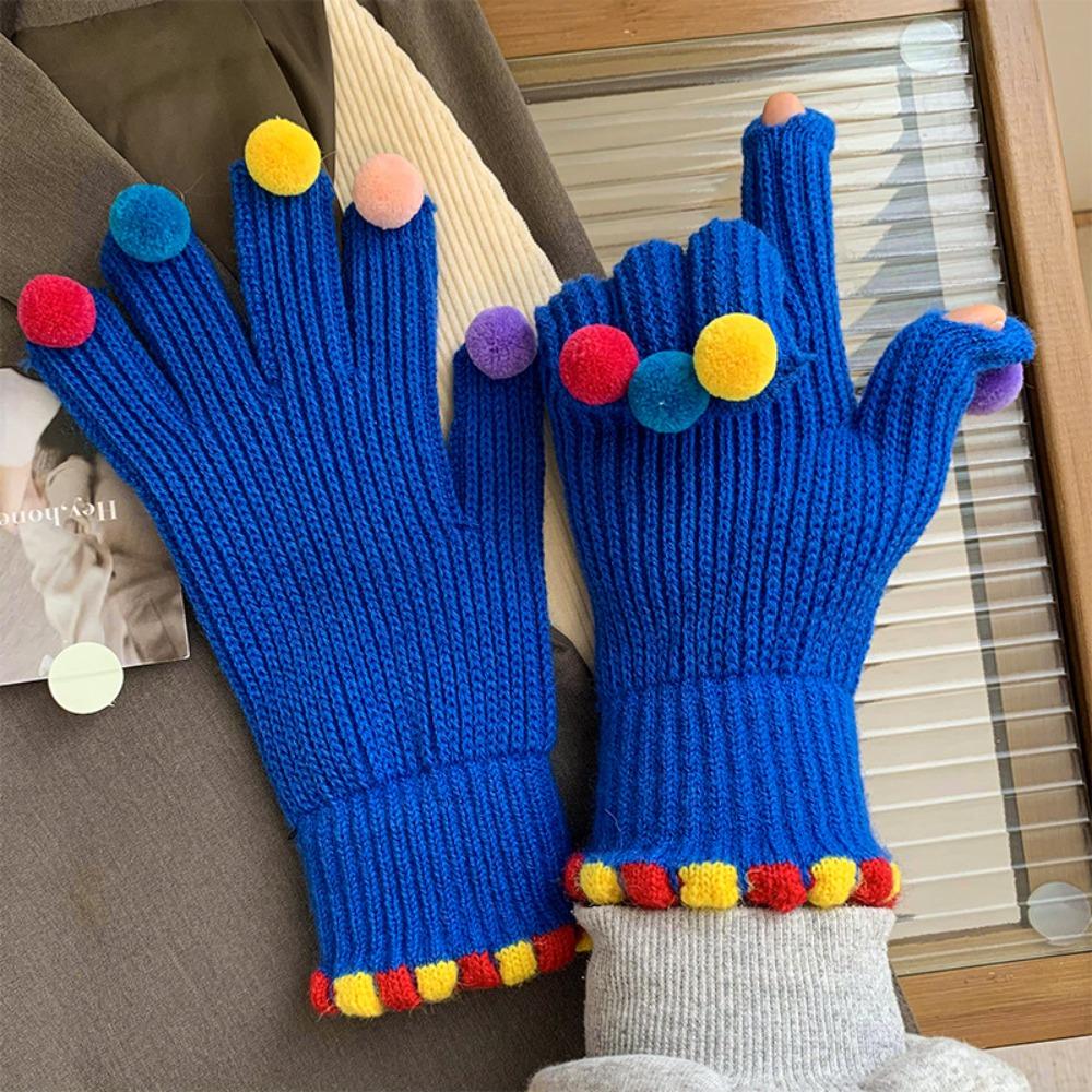 Korean Style Full Finger Mittens Colorful Hairball Cycling Driving Gloves Knitting Gloves Outdooor