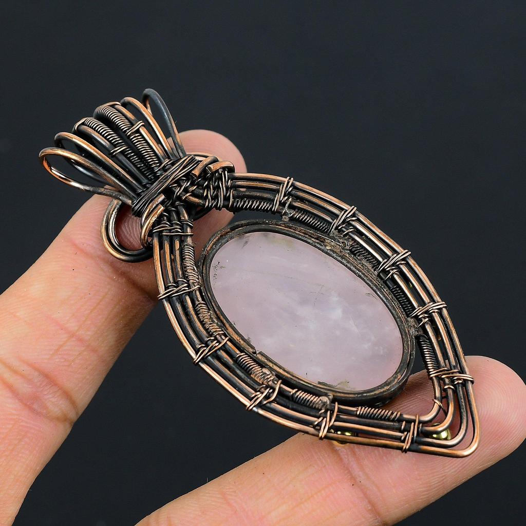 Fancy Rose Quartz Gemstone Pure Copper Wire Wrapped Handmade Jewelry Pendant