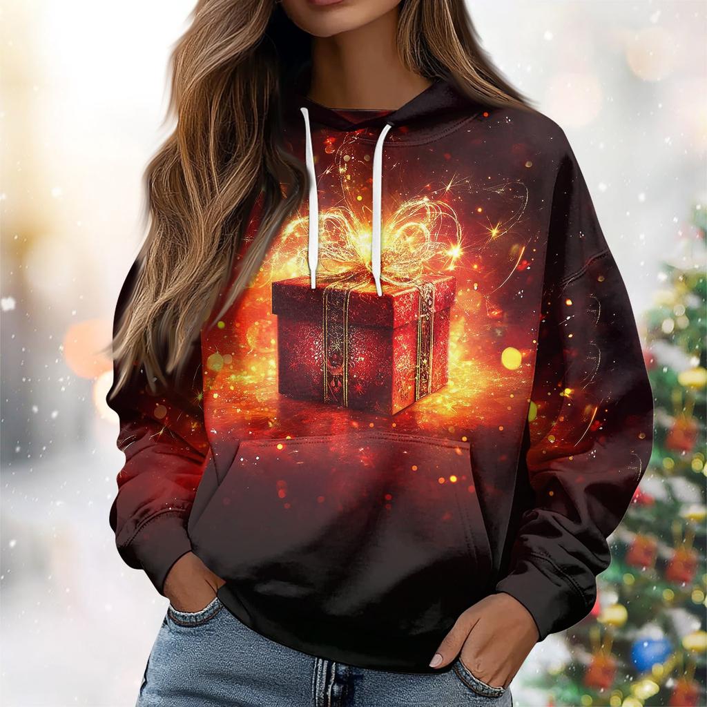 Женская повседневная свободная толстовка с капюшоном и длинным рукавом с рождественским принтом на завязках